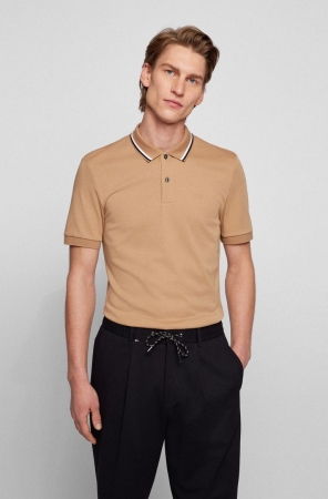Beige HUGO BOSS Slim-fit Cotton Striped Collar Men's Polo Shirts | 9325LOXQM