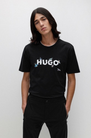 Black HUGO BOSS Cotton Cyber-bug Artwork Men's T Shirts | 2745YPQBX
