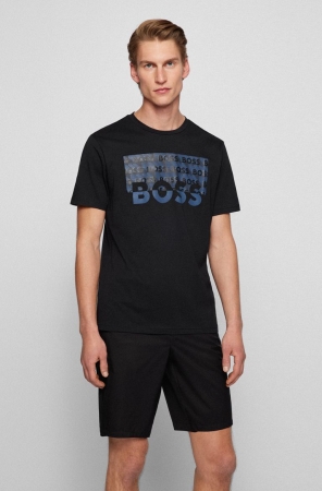 Black HUGO BOSS Cotton Logo Artwork Men's T Shirts | 4239LMJAS