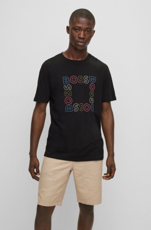 Black HUGO BOSS Cotton Logo Print Men's T Shirts | 2496BSFGH
