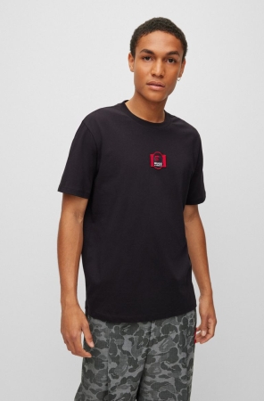 Black HUGO BOSS Cotton Regular-fit Collaborative Artwork Men's T Shirts | 9843YUEAN