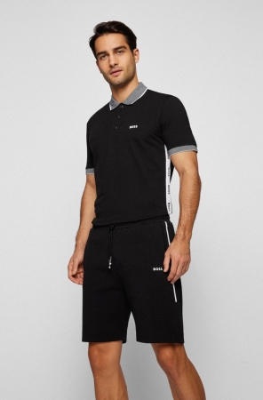 Black HUGO BOSS Cotton-blend Slim-fit Logo Inserts Men's Polo Shirts | 7158ARXSN
