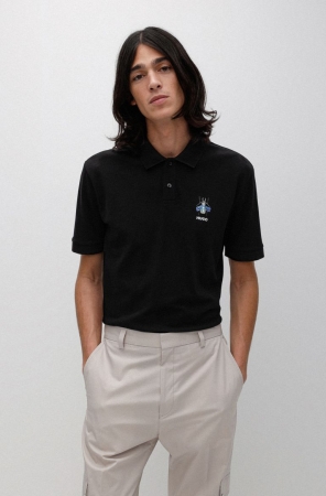 Black HUGO BOSS Mercerised-cotton Cyber-bug Logo Men's Polo Shirts | 0971KAPIC