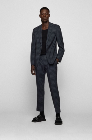 Black HUGO BOSS Slim-fit A Checked Wool-linen Blend Men's Suits | 4756MTBXW