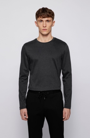 Black HUGO BOSS Slim-fit Double-knit Mercerized Cotton Men's T Shirts | 5264JIHUO