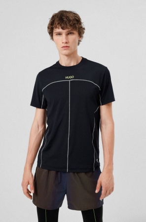 Black HUGO BOSS Slim-fit Glow-in-the-dark Accents Men's T Shirts | 8264SGYFT