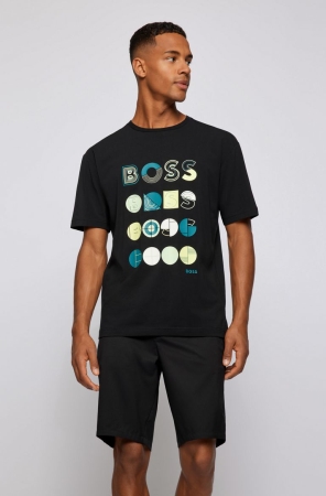 Black HUGO BOSS Stretch-cotton Relaxed-fit Logo Artwork Men's T Shirts | 8576GTFPX