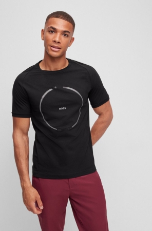 Black HUGO BOSS Stretch-cotton Slim-fit Logo Artwork Men's T Shirts | 1069EVAGB