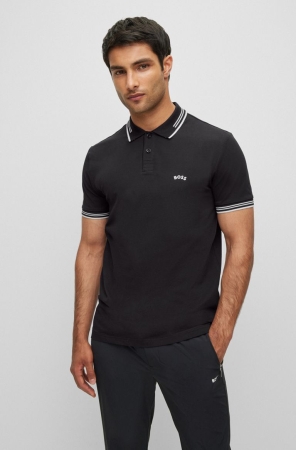 Black HUGO BOSS Stretch-cotton Slim-fit Curved Logo Men's Polo Shirts | 8294SVANJ