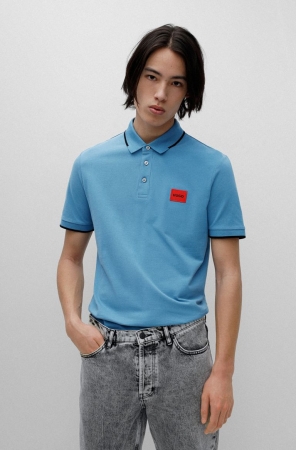 Blue HUGO BOSS Cotton-piqu Slim-fit Logo Label Men's Polo Shirts | 0936JYHNO