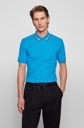 Blue HUGO BOSS Slim-fit Cotton Striped Collar Men's Polo Shirts | 3976ENQDO