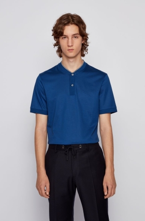 Dark Blue HUGO BOSS Baseball-collar Mercerized Cotton Men's Polo Shirts | 5734FMUZA