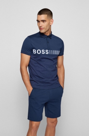 Dark Blue HUGO BOSS Cotton Embroidered Logo Artwork Men's Polo Shirts | 3916MUICX