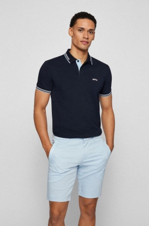 Dark Blue HUGO BOSS Curved-logo Slim-fit Stretch-cotton Piqu Men's Polo Shirts | 2396GJYDQ