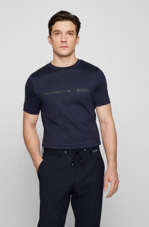 Dark Blue HUGO BOSS Organic-cotton Slim-fit Mesh Logo Men's T Shirts | 5381SDJMN