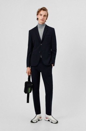 Dark Blue HUGO BOSS Packable Extra-slim-fit Stretch Seersucker Fabric Men's Suits | 6137OMANZ