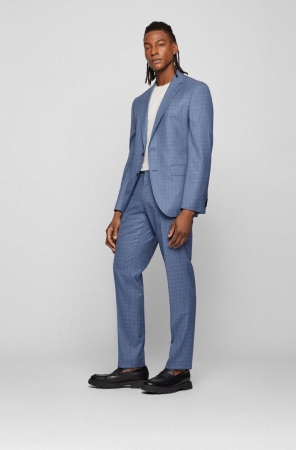Dark Blue HUGO BOSS Regular-fit Checked Virgin Wool Men's Suits | 1072FILMY