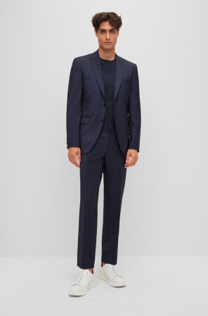Dark Blue HUGO BOSS Regular-fit Patterned Stretch Wool Men's Suits | 8027EBQTV