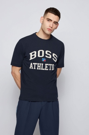 Dark Blue HUGO BOSS Relaxed-fit Stretch Cotton Exclusive Logo Men's T Shirts | 2163SVKLC