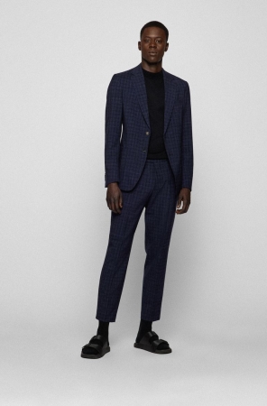 Dark Blue HUGO BOSS Slim-fit A Checked Wool-linen Blend Men's Suits | 9528TNCDY
