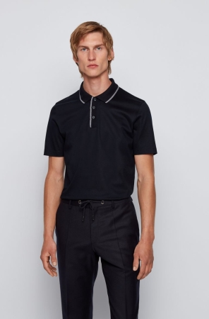 Dark Blue HUGO BOSS Slim-fit Cotton Tipping Men's Polo Shirts | 6082YPHJK