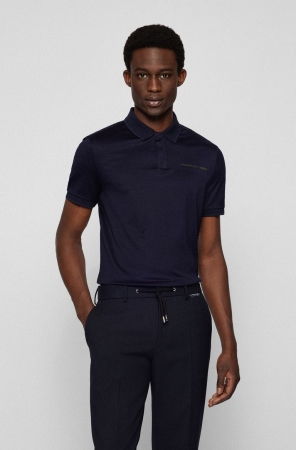 Dark Blue HUGO BOSS Slim-fit Gloss-effect Logo Men's Polo Shirts | 8794AMUPT