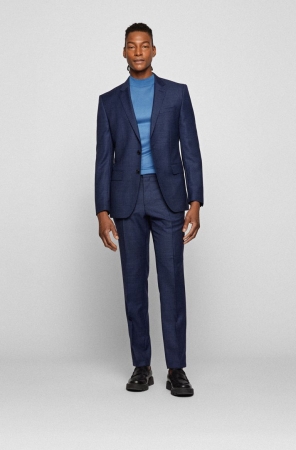 Dark Blue HUGO BOSS Slim-fit Micro-patterned Virgin Wool Men's Suits | 0658FIQON