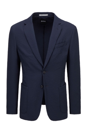 Dark Blue HUGO BOSS Slim-fit Performance-stretch Seersucker Men's Suits | 0869TBHXK