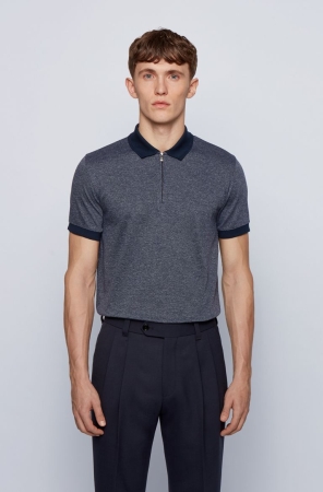 Dark Blue HUGO BOSS Slim-fit Zip-neck Mercerized Cotton Men's Polo Shirts | 9472SRHOL
