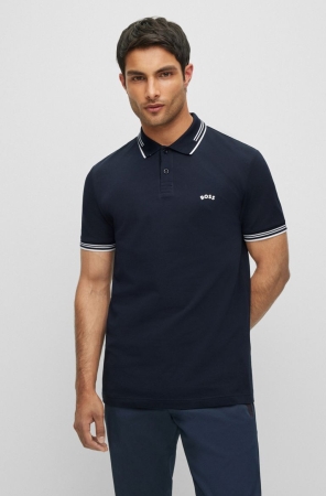 Dark Blue HUGO BOSS Stretch-cotton Slim-fit Curved Logo Men's Polo Shirts | 5407KVBGH