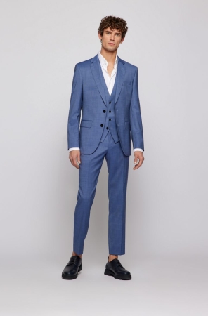 Dark Blue HUGO BOSS Three-piece Slim-fit Virgin Wool Men's Suits | 7698TVSMO