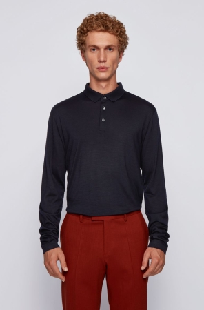 Dark Blue HUGO BOSS Traceable Virgin Wool Men's Polo Shirts | 2014QGTMB