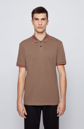 Khaki HUGO BOSS Cotton-piqu Seven-layer Logo Men's Polo Shirts | 8416LUSVX