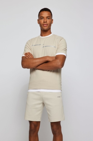 Light Beige HUGO BOSS Print Regular-fit Stretch Cotton Men's T Shirts | 6739XJQLF
