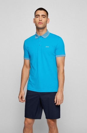 Light Blue HUGO BOSS Cotton-blend Slim-fit Logo Inserts Men's Polo Shirts | 7158QATBY