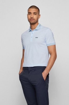 Light Blue HUGO BOSS In Cotton Piqu Contrast Logo Men's Polo Shirts | 5743POCUT