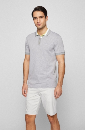 Light Grey HUGO BOSS Stretch-cotton Color-blocking Men's Polo Shirts | 1740XWQCD