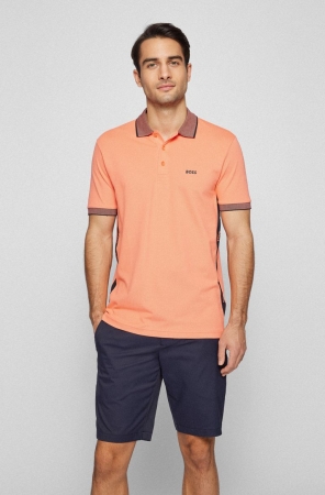 Light Red HUGO BOSS Cotton-blend Slim-fit Logo Inserts Men's Polo Shirts | 9075BZTGS