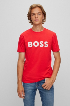 Red HUGO BOSS Cotton Rubber-print Logo Men's T Shirts | 8314EGAWD