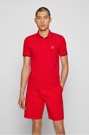 Red HUGO BOSS Stretch-cotton Slim-fit Logo Patch Men's Polo Shirts | 3698MPDYH