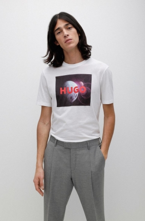 White HUGO BOSS Cotton Logo Artwork Men's T Shirts | 4087RPFSG