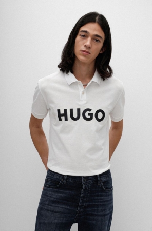 White HUGO BOSS Cotton-piqu Cyber-shadow Logo Men's Polo Shirts | 6941MPRTU
