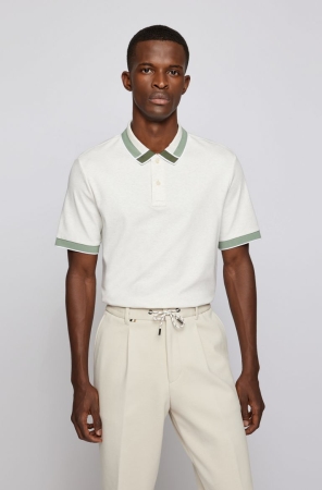 White HUGO BOSS Interlock-cotton Color-blocked Collar Men's Polo Shirts | 4906QWFSV