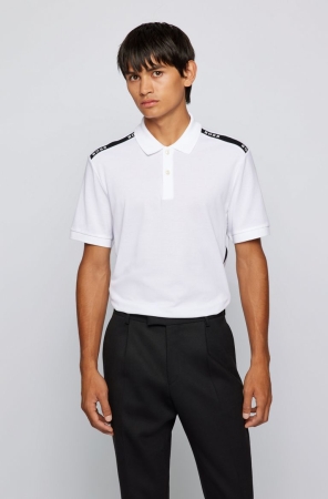 White HUGO BOSS Mercerised-cotton Tape Details Men's Polo Shirts | 3259DKOGN