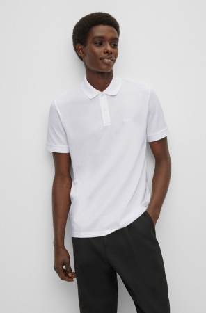 White HUGO BOSS Organic-cotton Embroidered Logo Men's Polo Shirts | 4932RBALE
