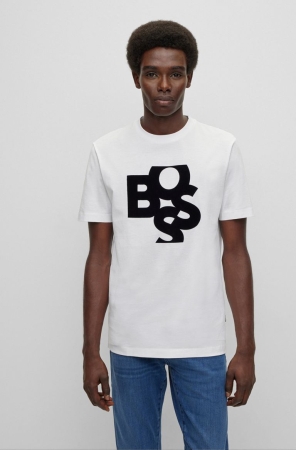 White HUGO BOSS Shaken-print Mercerized Cotton Men's T Shirts | 2410BLICV