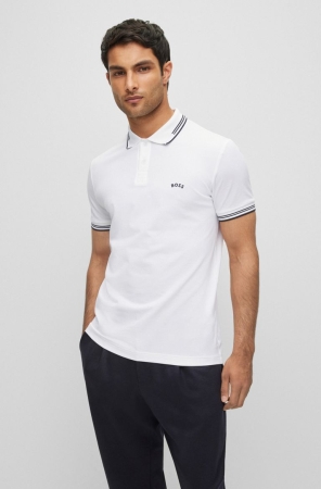 White HUGO BOSS Stretch-cotton Slim-fit Curved Logo Men's Polo Shirts | 6084NHGMQ