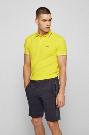Yellow HUGO BOSS Curved-logo Slim-fit Stretch-cotton Piqu Men's Polo Shirts | 8267ECZJQ