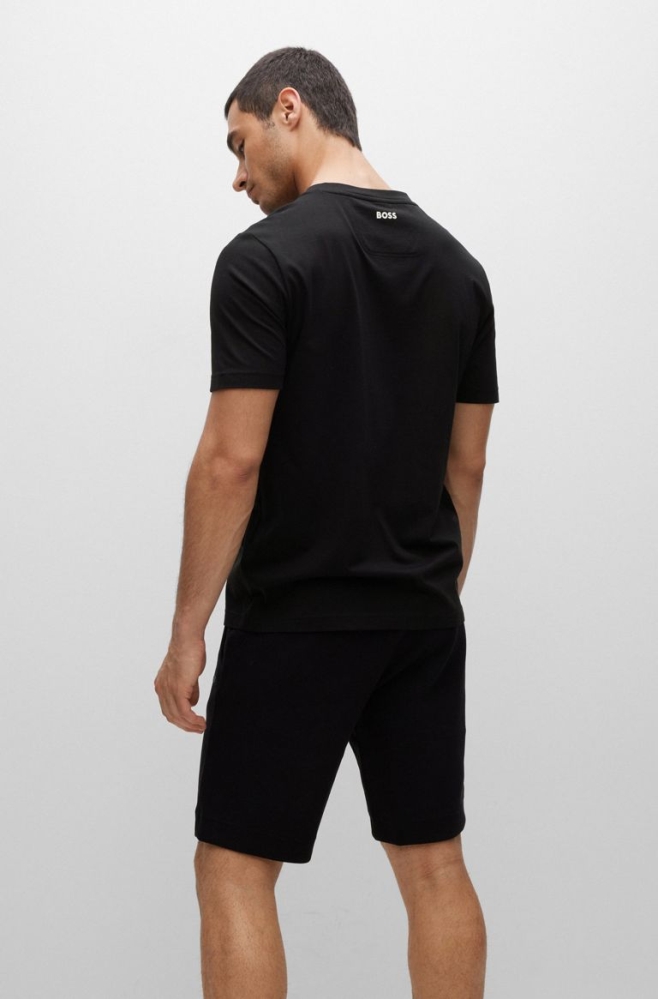 Black HUGO BOSS Cotton Color-blocked Logo Print Men's T Shirts | 3096PMYHV