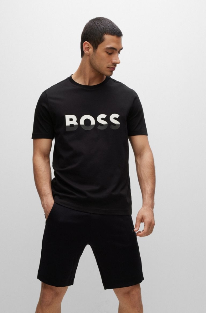 Black HUGO BOSS Cotton Color-blocked Logo Print Men\'s T Shirts | 3096PMYHV
